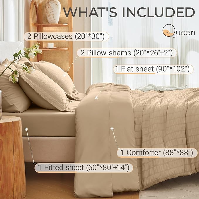 MUXHOMO 7 Pieces Queen Comforter Set, Seersucker Bed in a Bag Queen Size, All Season Luxury Bedding Set with Comforter, Flat Sheet, Fitted Sheet, Pillowcases & Shams, Khaki