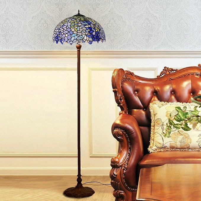 Floor Lamp, Tiffany Style Stained Glass Purple Wisteria Hanging Lamp with Handmade Lampshade, Suitable for Decorating Room (Purple, 16in)