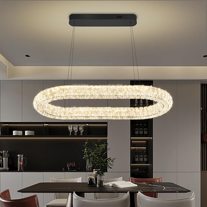 Oval Crystal Chandelier, 31.5'' Black Crystal Ring Pendant Light for Kitchen Island Modern Linear Oval Chandeliers for Dining Room Dimmable 3000K-6000K