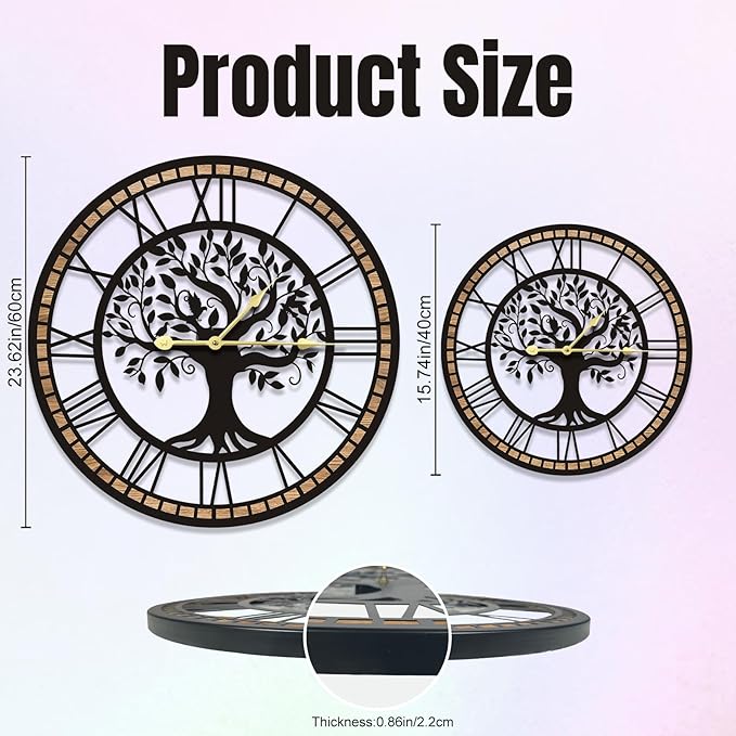 Wall Clocks for Living Room Decor - Tree of Life Big Wall Clock, Quiet and No Ticking Suitable for Wall Decor, Living Room Decoration, Kitchen Decoration (16 in)