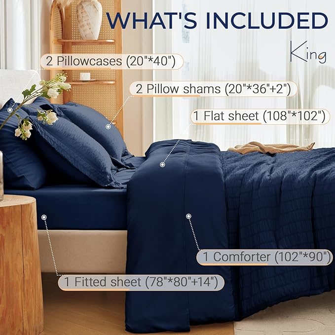 MUXHOMO 7 Pieces King Comforter Set, Seersucker Bed in a Bag King Size, All Season Luxury Bedding Set with Comforter, Flat Sheet, Fitted Sheet, Pillowcases & Shams, Navy Blue
