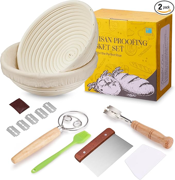 Banneton Bread Proofing Basket Banneton Basket Set Sourdough Proofing Basket Round Proofing Bowls Handmade Rattan Baskets and Liners (Round of 2 Gift Set)