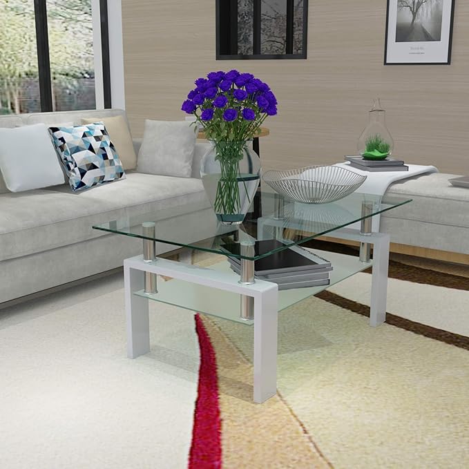 Tempered Glass Coffee Table, Modern 2 Tiers Clear Coffee Table, Size 39.37" x 23.62" (White)