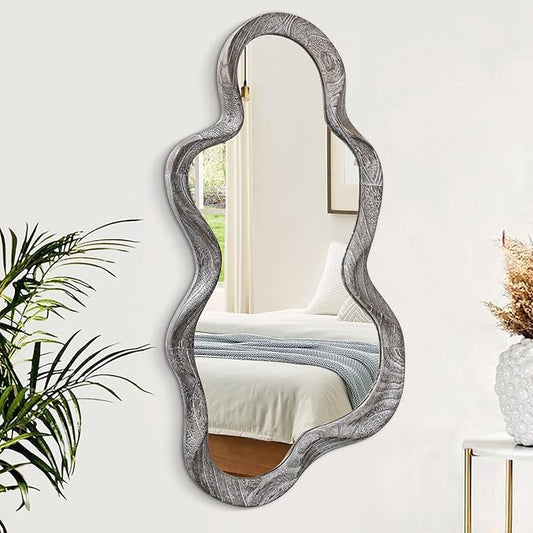 Asymmetrical Mirror Large Irregular Wall Mirror Modern Wood Frame Unique Artistic Mirrors Cute and Stylish Cloud Wavy Mirror Decorative for Cloakroom Bedroom Living Room Bathroom Entryway White