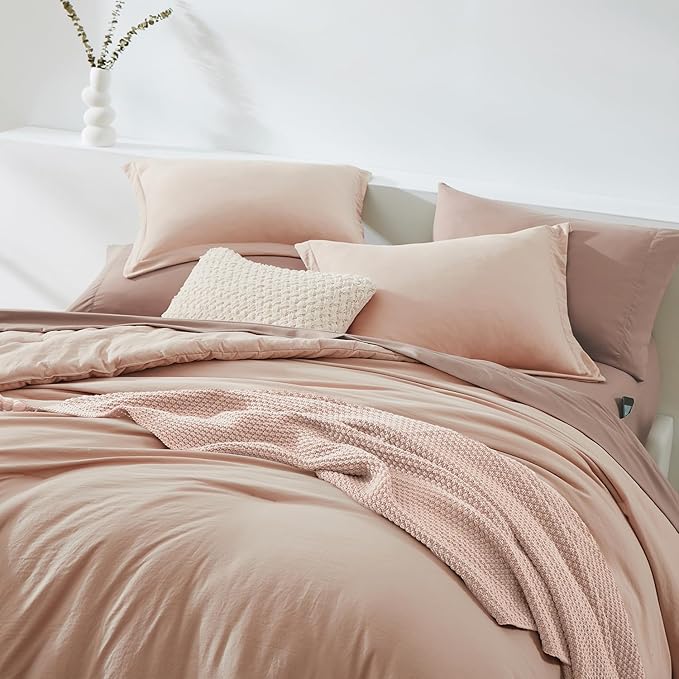 WRENSONGE Queen Comforter Set - 7 Pieces Clay Pink Soft Bed in a Bag Queen with Fitted Sheet, Flat Sheet, 2 Pillow Shams, and 2 Pillowcases- Warm Bedding Sets for All Season