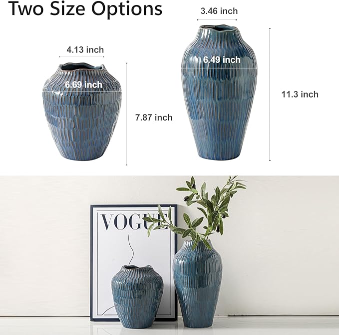 Blue Ceramic Vase for Home Decor,11.6 Inch Flower Vase，Decorative Vases for Pampas Grass，Modern Art Texture Vases for Home Entryway Living Room Dining Table Farmhouse Office Decor-Blue