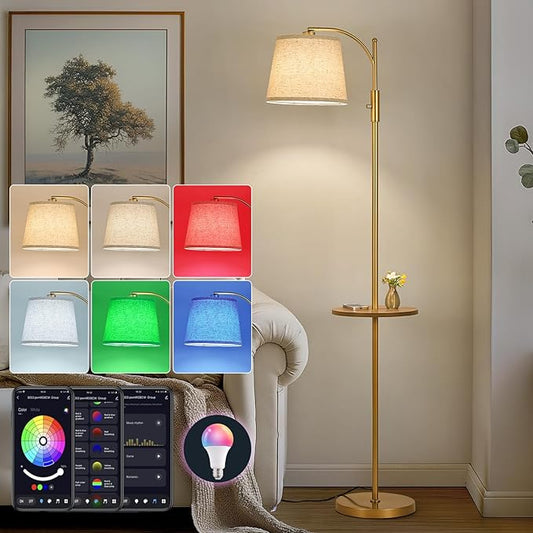 AIDENOEY Smart Floor Lamp with Side Table | Stepless Dimming, RGB Multi-Color | Adjustable Swivel Head | Voice Control with Alexa & Google Assistant |Golden Lamp for Living Room,Bedroom,Home Office