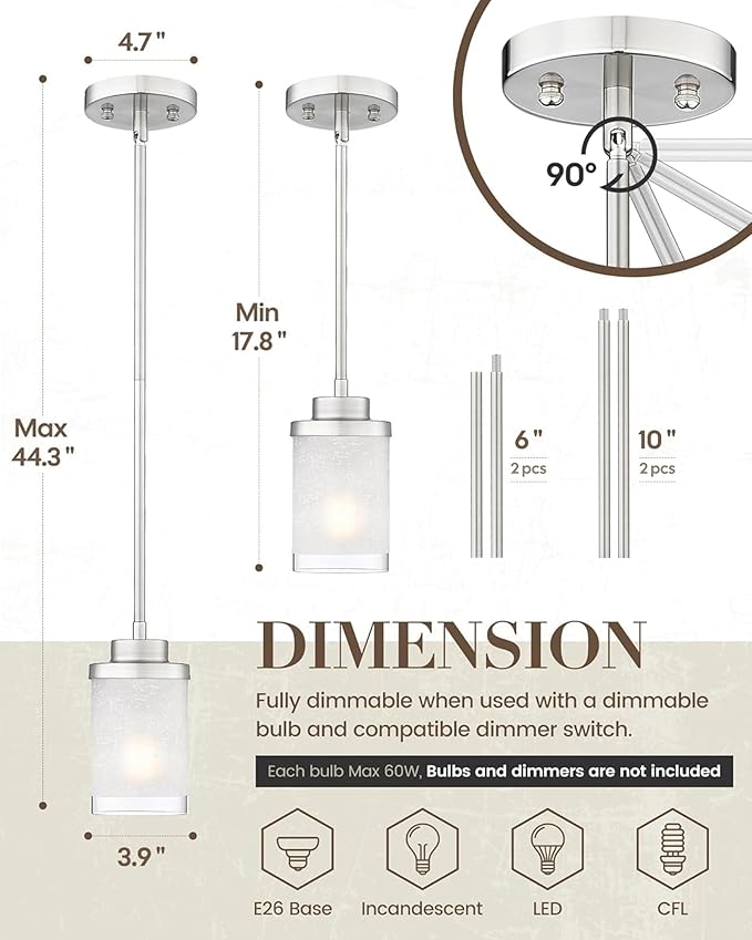 TENGXIN Modern Pendant Light for Kitchen Island, Brushed Nickel Hanging Ceiling Light Fixture,Farmhouse Pendant Lighting for Dining Room Bedroom Bar Office 2Pack,TXPLBN01-2PK