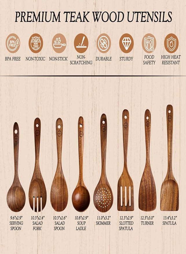 100% Natural Teak Wood Wooden Utensil Set – Non-Stick & Heat Resistant – 8 Pcs Durable Kitchen Spoons for Cooking, Eco-Friendly & Comfortable Grip