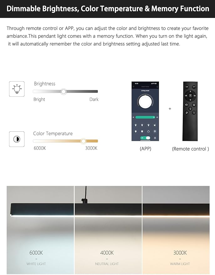 71" Black Linear LED Pendant Light Dimmable for Kitchen Island, Home Bar, Dining & Office - Modern Minimalist Hanging Chandelier Lighting Fixture