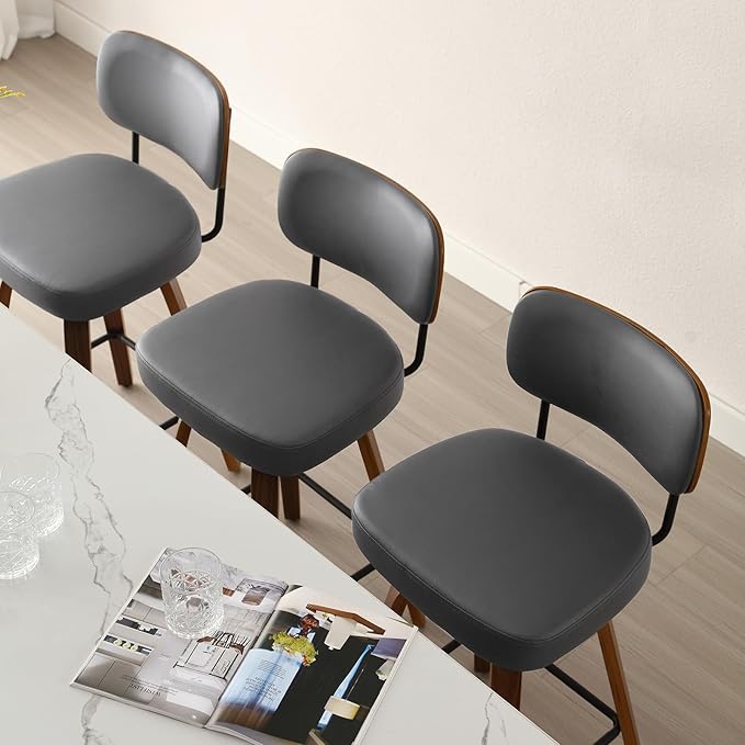 Swivel Bar Stools Set of 4, 29" Upholstered Faux Leather Barstools with Back and Bent Wood Legs, Mid Century Modern Bar Chair Island Stool for Kitchen Counter, Grey