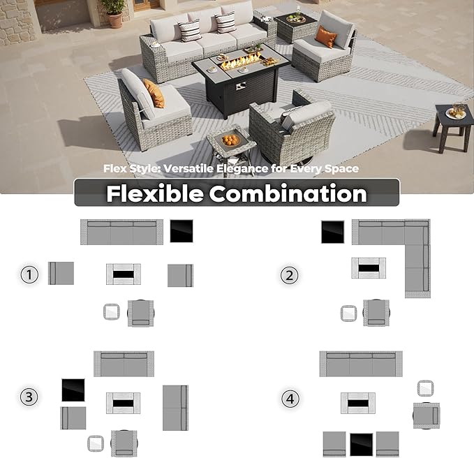 ovios 9 Pieces Patio Furniture Set, Outdoor Wicker Sectional Sofa with 42" Firepit Table Swivel Chair, Modern Modular Deep Seat Rattan Couch Conversation Sets, Beige