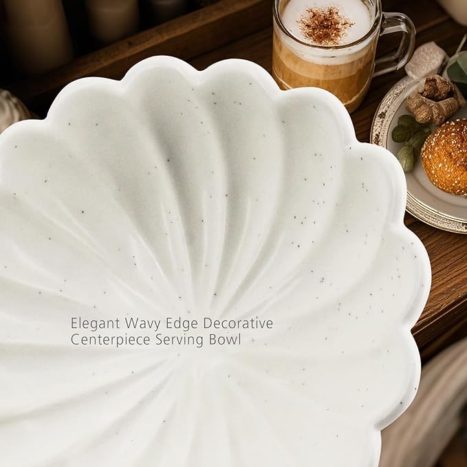 Large Fruit Bowl for Kitchen Counter-10.6" White Ceramic Fluted Scalloped Decorative Footed Bowl -Elegant Pedestal Display Bowls for Entryway Table, Perfect for Housewarming &Wedding Gift