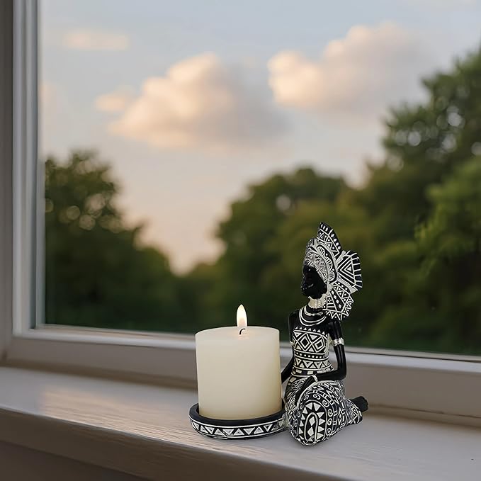 African Woman Candle Holder Statue – Tribal Resin Figurine for Tea Lights or Pillar Candles, Afrocentric Boho Home Decor for Living Room, Meditation Space, Bookshelf