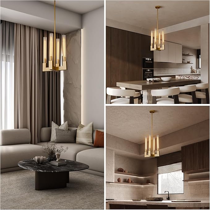 Glass Tube Gold Pendant Lights Kitchen Island, Adjustable Cord Modern Pendant Light Fixtures,Kitchen Pendant Lighting Over Island,Indoor Chandeliers for Bedroom, Included Bulb