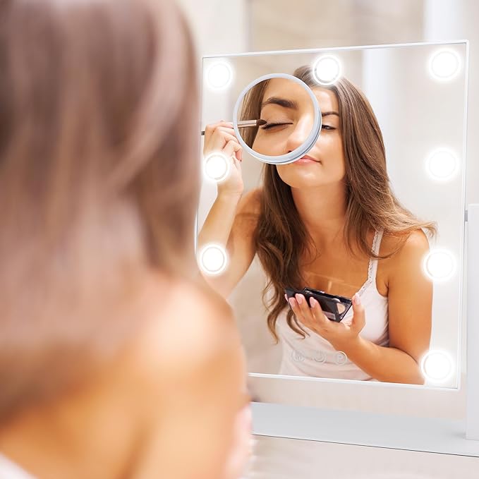 Lighted Makeup Mirror, 14"x 12" Hollywood Vanity Mirror with 9 LED Bulbs, 3 Color Lights, and Detachable 10X Magnification Mirror, 1200mAh Rechargeable, Touch Control, 360°Rotation (White)