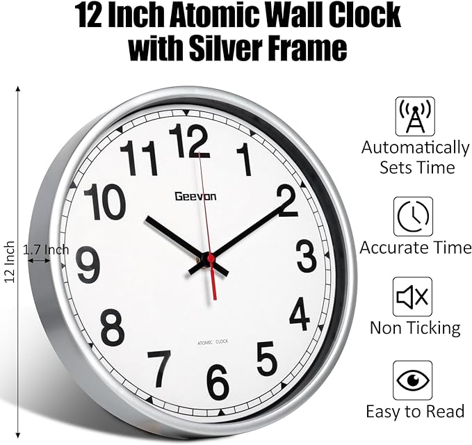 Geevon 12 Inch Atomic Wall Clock - Self-Setting Analog Clock with Automatic Time Sync - Battery Operated for Home Office School - Silver Frame