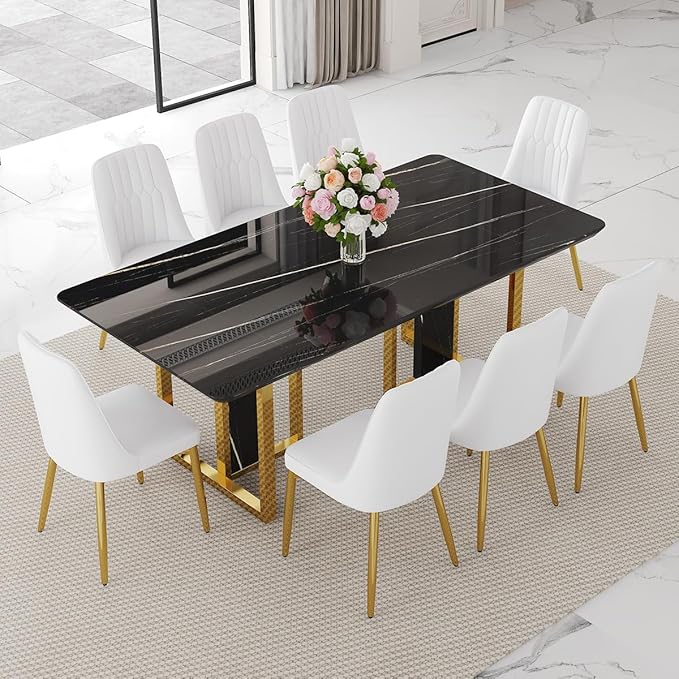 TesNus 79" Black Dining Table Set for 8 with Chairs,Large Faux Marble Kitchen Table and Chairs Set Rectangular 9 Piece Dining Room Set with Gold Metal Legs,Easy Assemble,Stable Base