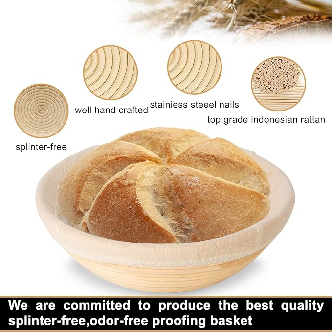 Banneton Bread Proofing Basket - Banneton Basket Set of 2 Pack 7 inch Round Sourdough Proofing Basket with Liner - Handmade Rattan Proofing Rising Bowl for Artisan Bread Making Baking Supplies