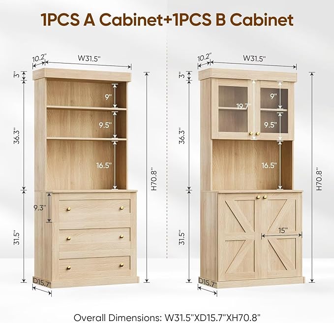71" Farmhouse Kitchen Pantry, Rustic Brown Freestanding Coffee Bar Hutch with Microwave Stand, Storage Cabinet with Glass Doors, Drawers & Adjustable Shelves for Kitchen or Living Room, Set of 3