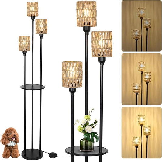Dimmable Boho Floor Lamps for Living Room, 3-Lights Farmhouse Floor Lamp with 3-Way Foot Switch, Rattan Floor Lamp with Shelves, Rustic Standing Lamp with Rattan Shades, Tall Lamps for Bedroom