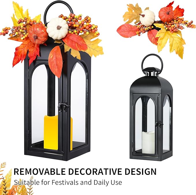 BDOR 2 Pack Fall Lanterns Decor with LED Candle – 16" Stainless Steel & Tempered Glass Lanterns with Harvest Pumpkin Maple Leaf – Premium Thanksgiving Centerpiece for Indoor Outdoor Use