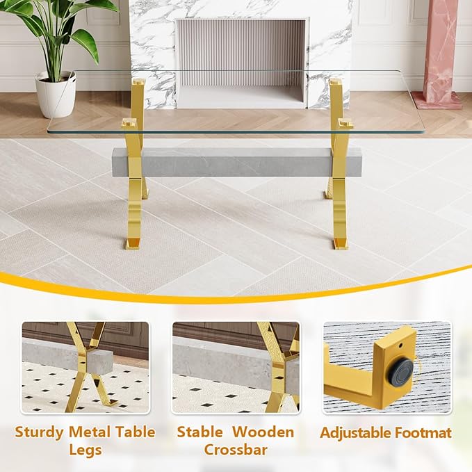 9 Piece Glass Dining Table Set, Kitchen Table Chairs Set for 8, 71'' Dining Table with 0.4" Tempered Glass Tabletop with Plated Metal Legs and MDF Crossbar, 8 PU Chairs for Dining Room, Kitchen.