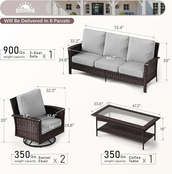Patio Furniture Set with Swivel Chairs, High Back Wicker Rattan Furniture with 5.5" Thick Cushions and Coffee Table, Outdoor Conversation Set for Backyard Deck,5 Seats, Grey