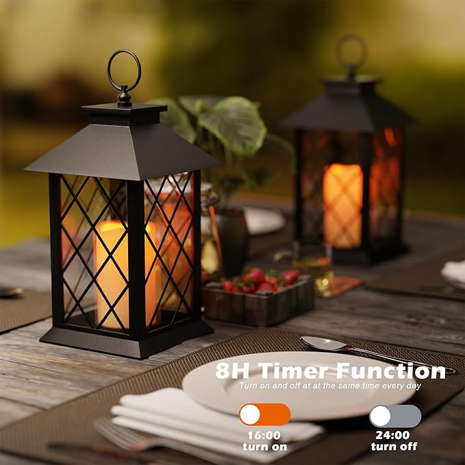 13.4" Lanterns Decorative Indoor, Black Lantern Decor with Timer Flickering Candle, Diamond-shaped Outdoor Lanterns, Waterproof Hanging Lantern for Patio, Porch, Entryway, Centerpieces, 2 Pack