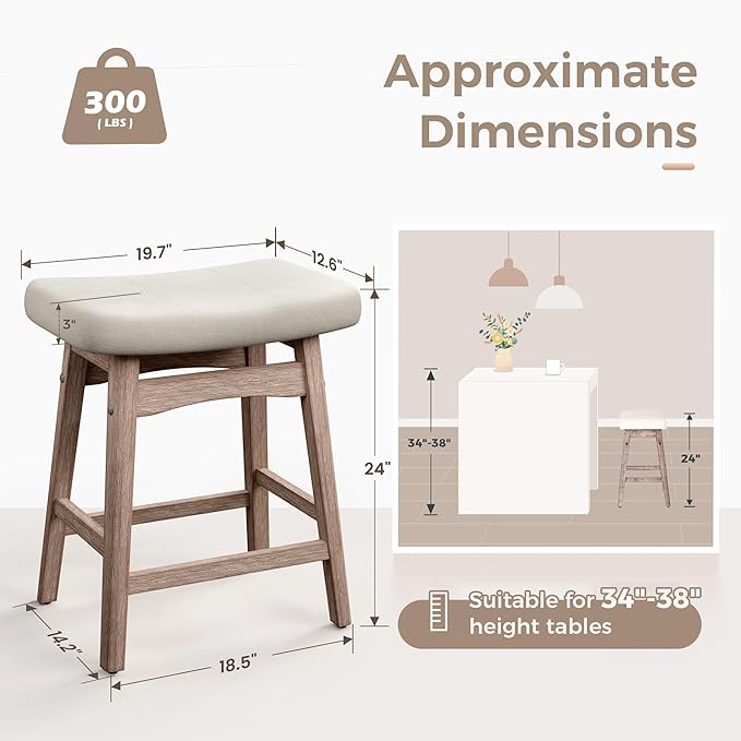 MAISON ARTS Counter Height Bar Stools Set of 2 for Kitchen Counter Solid Wood Legs with Fabric Saddle Seat Farmhouse Barstools for 34"-38" Counter Island Upholstered Stools, 24in, Creamy White