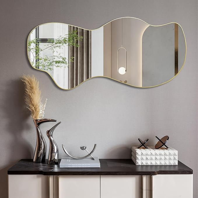 POZINO Irregular Wall Mirror, Gold Asymmetrical Mirrors Decorative, 47.2"x21.6" Large Wavy Shaped Mirror, Modern Frameless Wall Mirrors for Living Room Bathroom Bedroom Hallway Entryway Fireplace