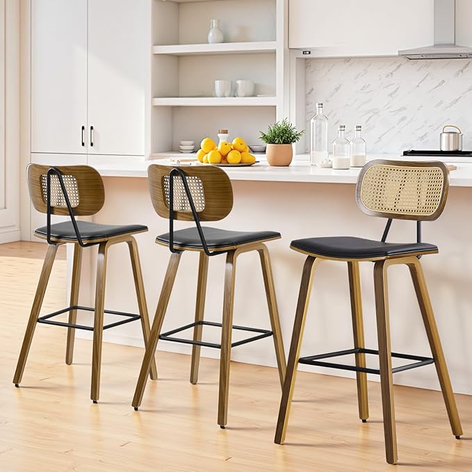 Counter Height Bar Stools Set of 3, Mid Century Modern Counter Stools, 26" Wood Kitchen Stool PU Leather Upholstered Barstool with Rattan Back, Counter Height Island Dining Bar Chair, Black