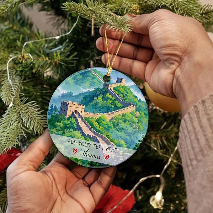Great Wall of China Landscape Ceramic Ornament 2025, Personalized Text/Name China Great Wall Beijing Christmas Tree Ornaments, Custom Chinese Travel Xmas Ornament Gifts for Travellers Family Friends