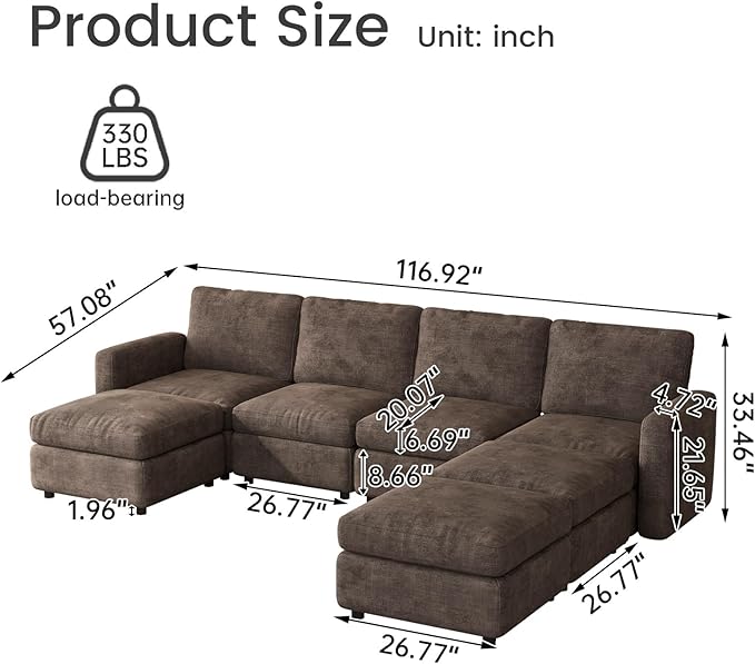Modular Sectional Sofa Couch with Ottoman Storage, 7-Seater Convertible Sleeper Sofas for Living Room Bedroom Apartment, Comfy Brown Cloud Couches Furniture Set