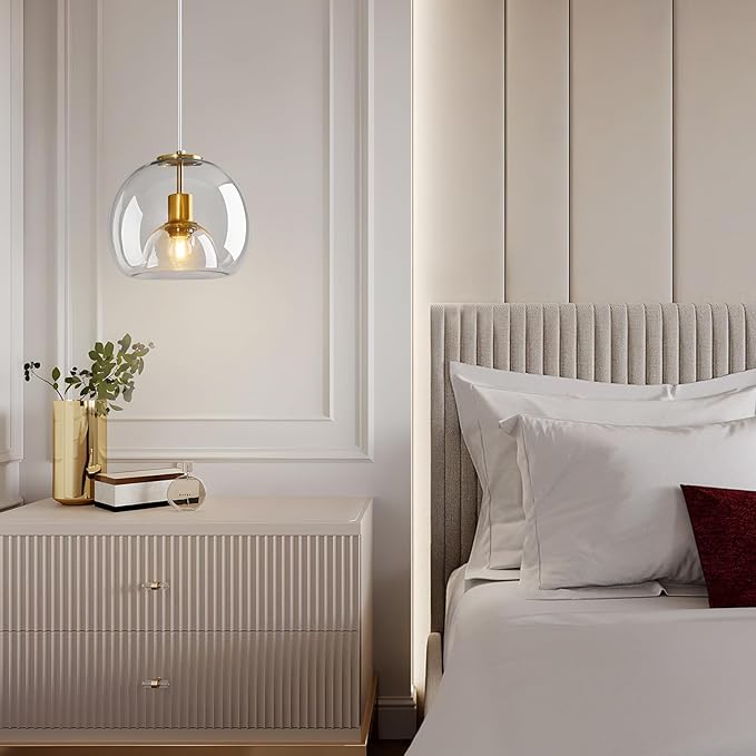 Clear Glass Pendant Lights Kitchen Island Gold Hanging Light Fixture Glass Globe Pendant Light Modern Pendant Lighting for Kitchen Island Bedroom Dining Room (9.84", 1 Pack)