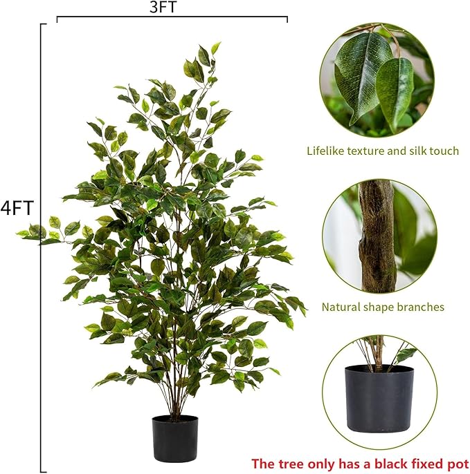 Artificial Ficus Tree Indoor 4ft, Large Potted Faux Tree with Realistic Silk Leaves & Trunk for Home Office, Living Room Corner Decor