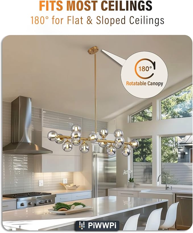 Glass Globe Sputnik Chandelier, 16-Light Mid Century Modern Light Fixture Over Table, Linear Chandeliers for Dining Room, Kitchen Island, Brass Gold and Smoke Grey Bubble, 40 Inch, GC-02