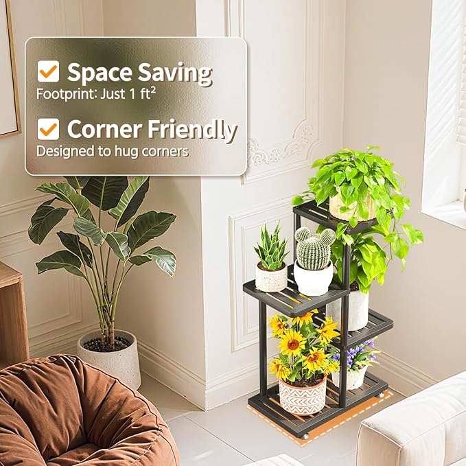 LASZOLA 3 Tier Plant Stand Indoors Outdoors for Large Heavy Duty Planter, Black Metal Tall Flower Holder Rack with Multiple Shelf for Modern Patio Corner, Vertical Organizer, Weather Resistant Bracket