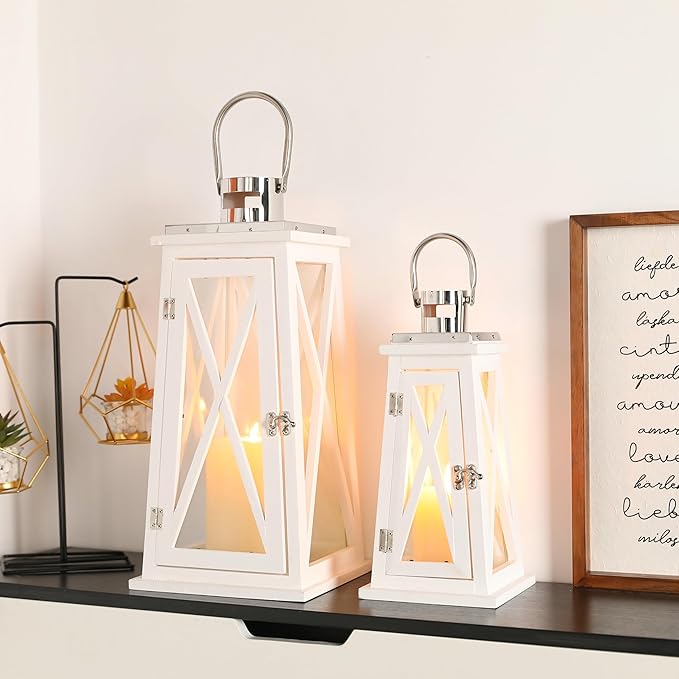 TRIROCKS Set of 2 Farmhouse Wooden Lantern 15.5''&22'' Metal Decorative Candle Holders with Tempered Glass Rustic Outdoor Lantern for Thanksgiving Christmas Patio Wedding Parties Indoor Outdoor(White)