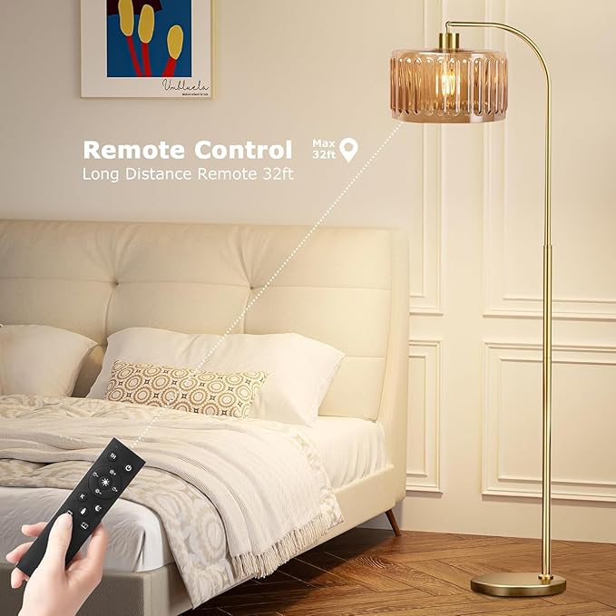 Gold Floor Lamp for Living Room,Bedroom,Mid Century Modern Standing Lamp with Remote,Dimmable Brass Tall Lamp Glass Lamp Vintage Retro Arc Floor Lamps Flower Floor Light Boho Bohemian