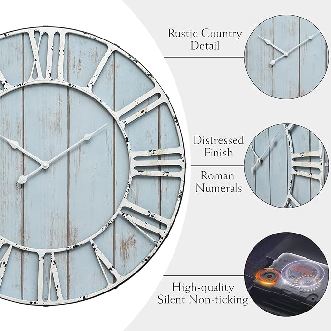 Large Farmhouse Wall Clock 24 Inch Vintage Blue Wooden Wall Clock with Quiet Ticking and Minimalist Roman Numerals for Bedroom Living Room Office Kitchen Home Decor, Battery Operated