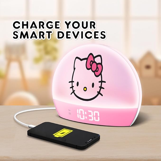 Hello Kitty Sunrise Alarm Clock - Multicolor Lights, USB Charging, LED Display, and Snooze Function