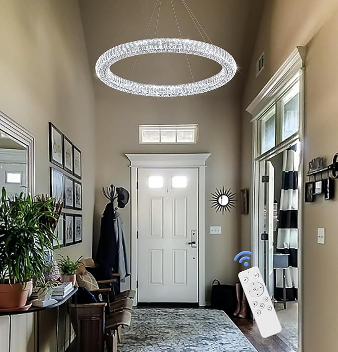 Modern Led Ring Chandelier 1 Ring Dimmable 31.5" Adjustable Round Chrome Crystal Chandelier for Dining Room Living Room