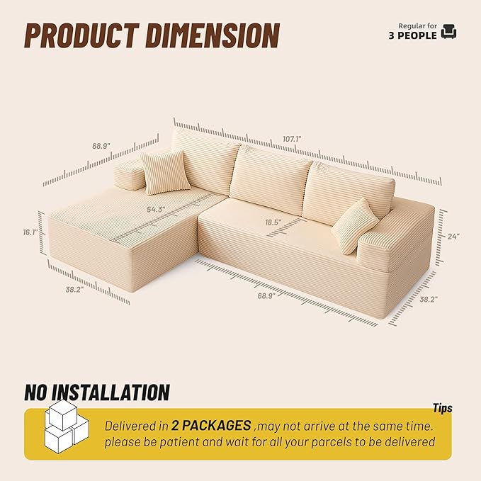 107" Boneless Couch with Deep Seat, Modular Sectional Sofa, Cloud Sectional Couch for Living Room, No Assembly Required, Corduroy, L-Shape Left，Camel