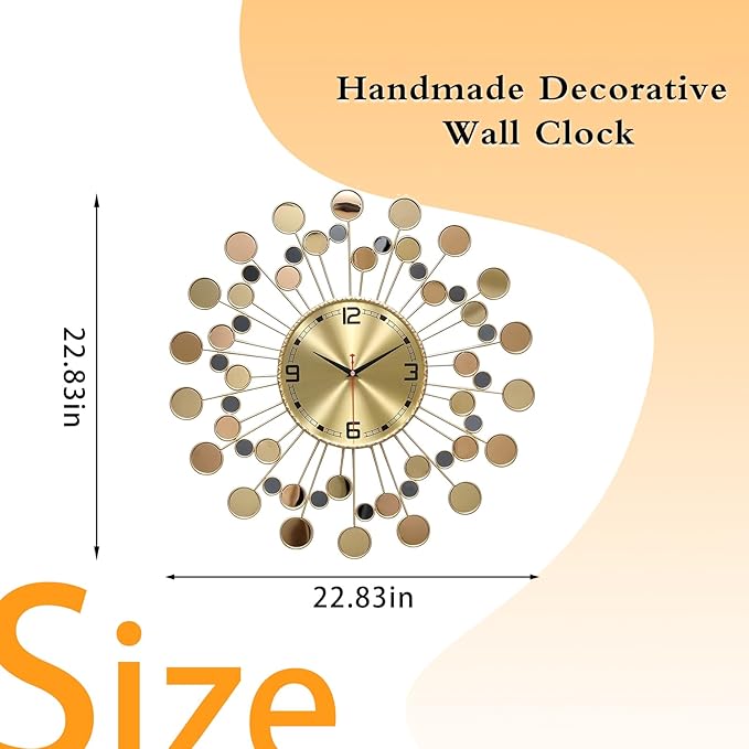 Wall Clock 22.83 Inch Gold - Large Sunburst Clock Non-Ticking Battery Operated, Starburst Round Wall Watch with Shell Disc Decoration for Living Room Bedroom Kitchen Office Home Decor