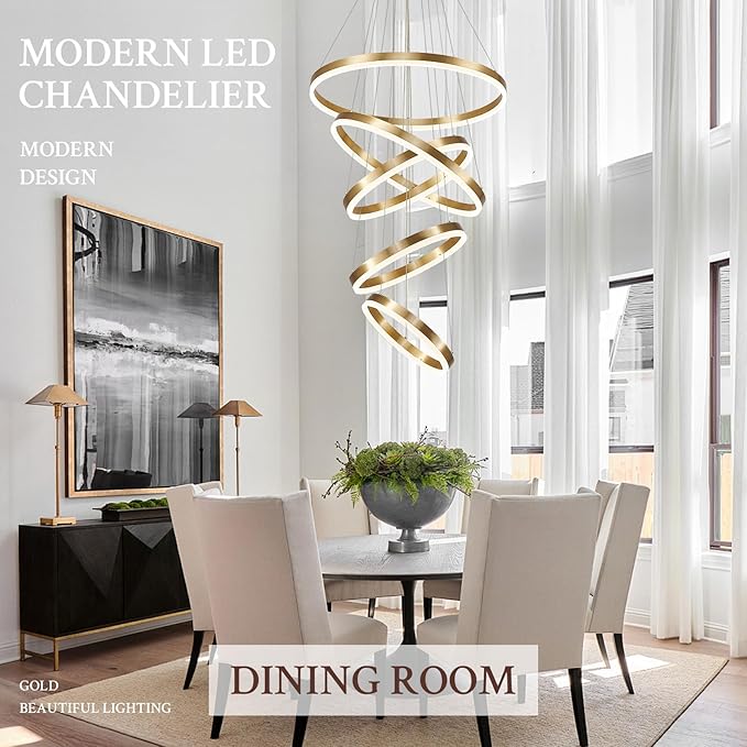 Modern LED Chandelier for Foyer Dimmable Gold High Ceiling Chandeliers Foyer with Remote Control for Entryway Dining Room Living Room Staircase, 3000K-6500K(5-Rings D23.6’’)