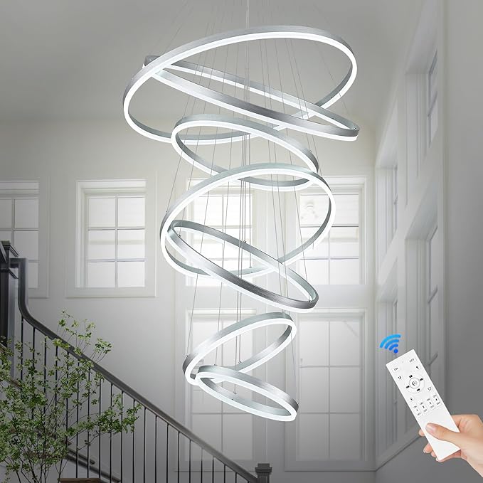 7 Rings Modern LED Chandelier Silver Dimmable Large Foyer Chandeliers Entryway High Ceiling for Staircase, High Ceiling Pendant Lights for Entryway Living Room, 3000K-6500K CCT