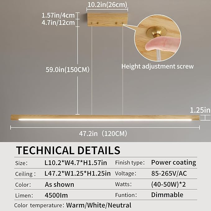 Wooden Linear Pendant Light, 47" Dimmable Pool Table Island Lights for Kitchen, LED Ceiling Pendant Lamp for Dining Room Billiard Room, Adjustable Height，Natural Ash