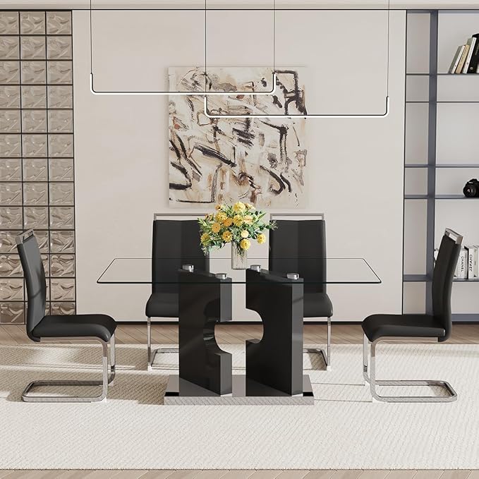 Glass Dining Room Table Set for 4,Dining Table Set for 4 with PU Leather Chairs,Retangular Dining Table with MDF Table Legs and Sliver Base for Dining Room