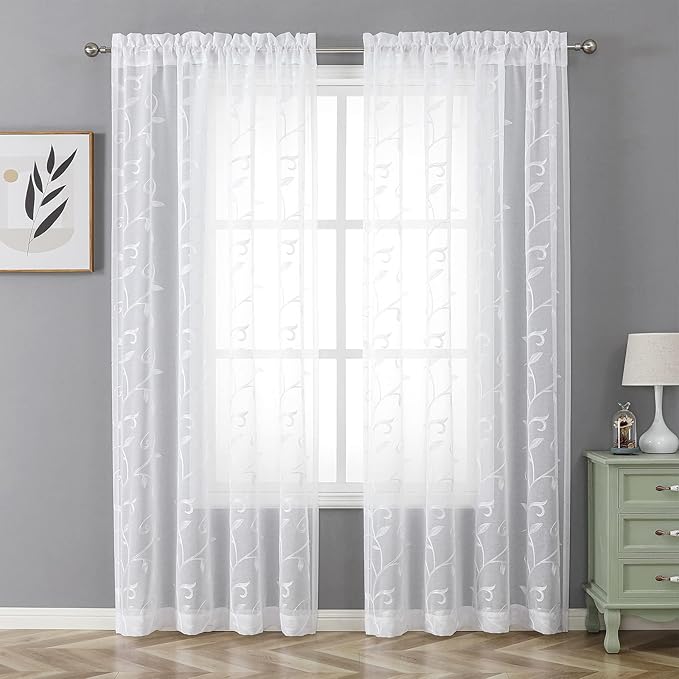 VISIONTEX Sheer Curtains 120 inch Length 2 Panels Set, White Voile Crushed Vine Leaves Embroidery, Rod Pocket Embroidered Window Drapes for Living Room and Bedroom, 54" x 120"